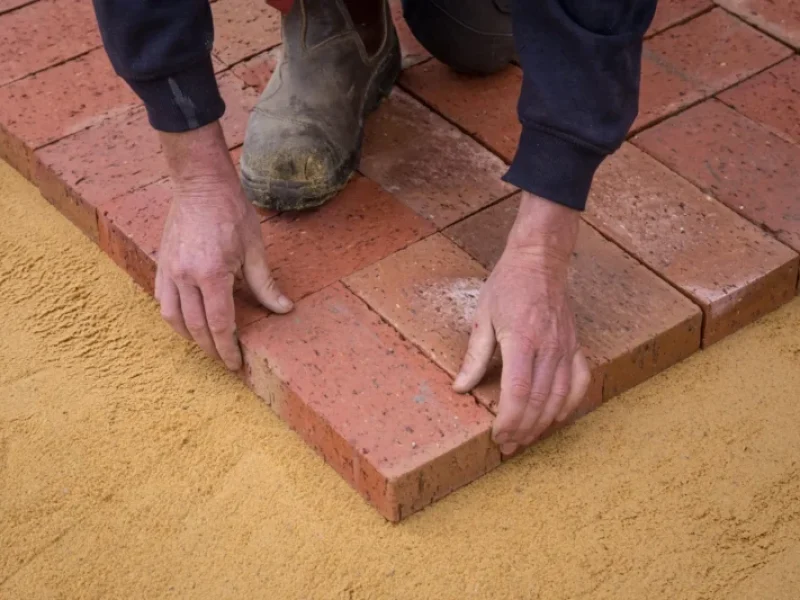 High angle crop anonymous worker in workwear lying bricks on sandy ground in square shape